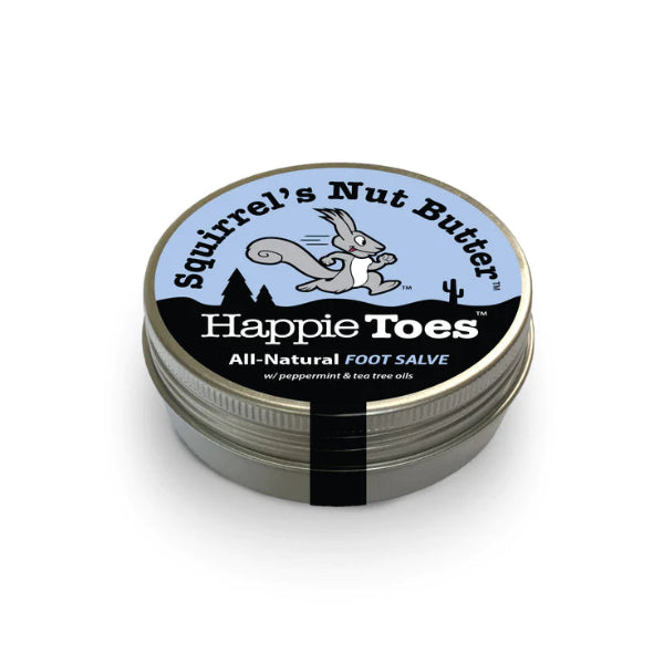 Happie Toes foot salve in recyclable tin by Squirrel’s Nut Butter – heals skin fissures, fights bacteria, moisturizes dry feet, and regenerates skin cells